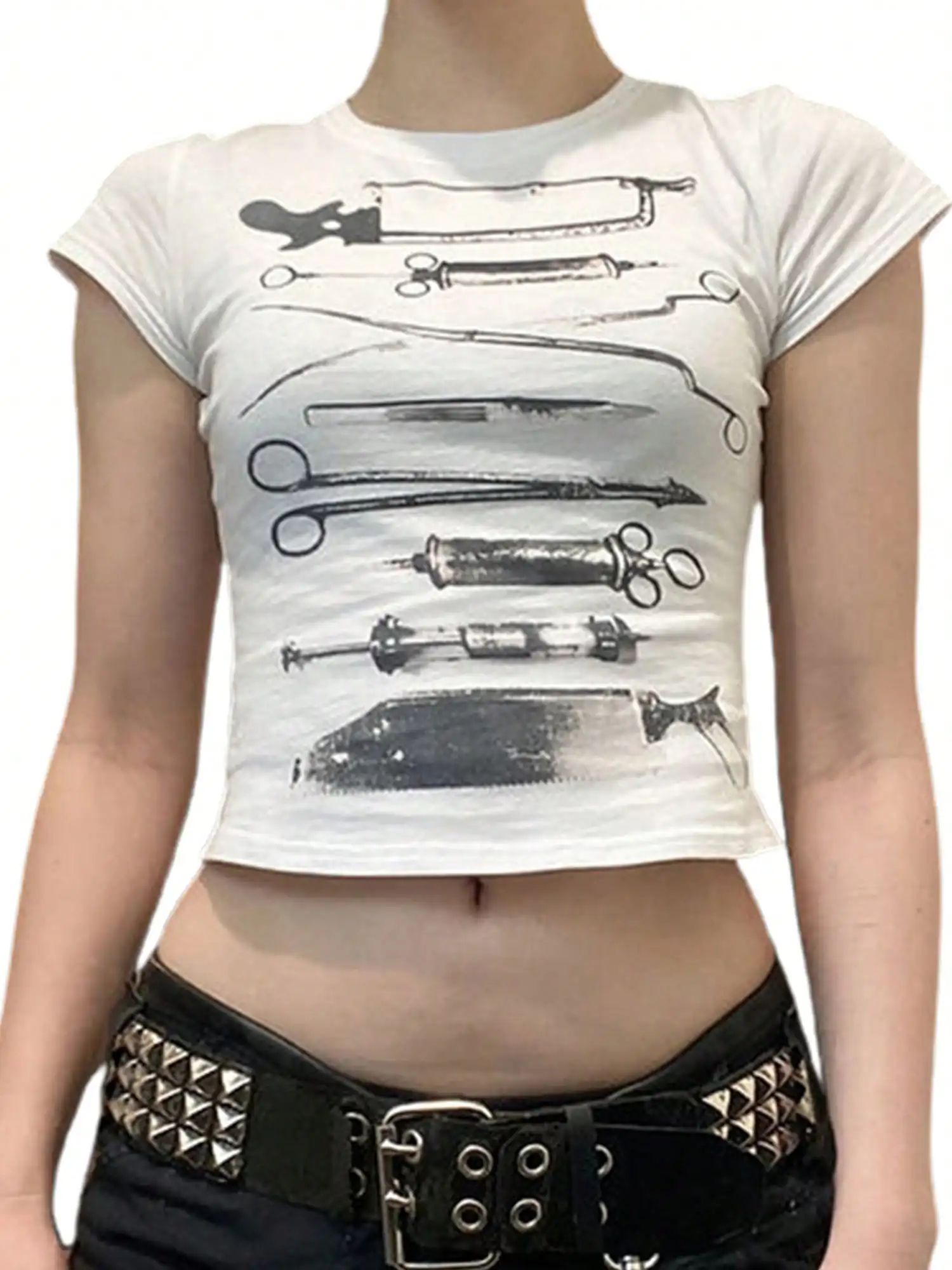 

Женский укороченный топ в готическом стиле с принтом медицинских инструментов, уличная футболка с коротким рукавом