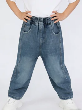 Boys Baggy Denim Jeans 5 Boys Light Blue Vintage Wash Denim Jeans Kids Paneled Loose Fit Baggy Pants Children Elastic Waist Casual Trousers 2026 New 5