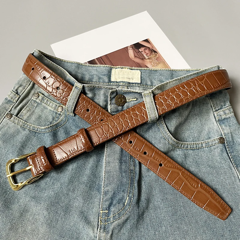 Cowhide Gold-Plated Buckle Belt Original Retro Classic Embossed Ladies Crocodile Belt Versatile Genuine Leather Trend 2.8cm Widt