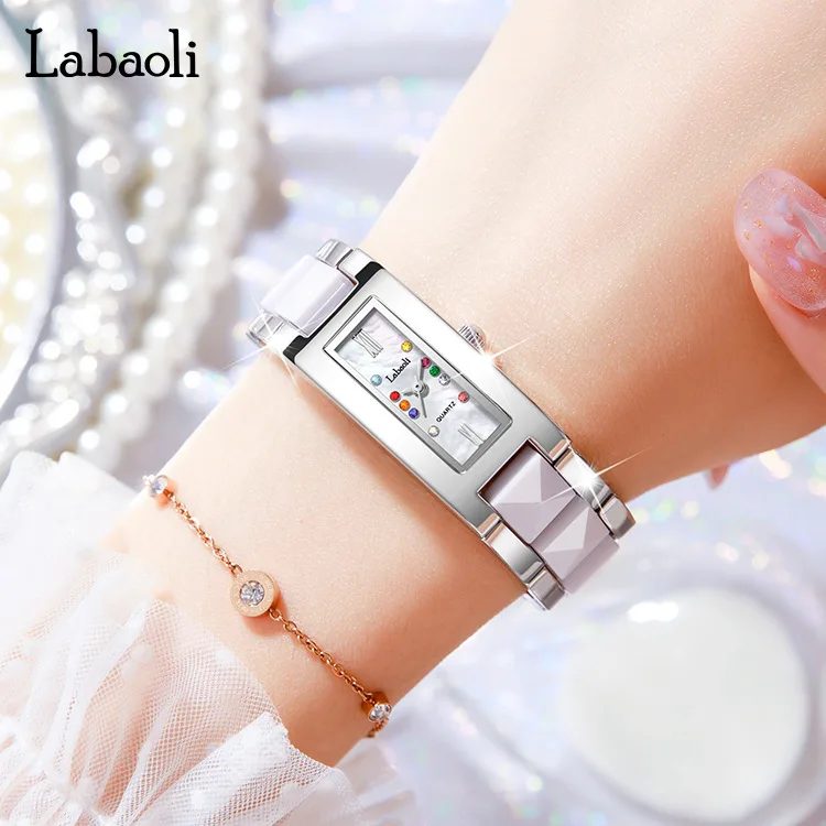 Women Quartz Watch Luxury Rectangle Clock Rose Gold Sliver White Ceramic Orologio Colorful Diamond New Reloj Ladies Wristwatch