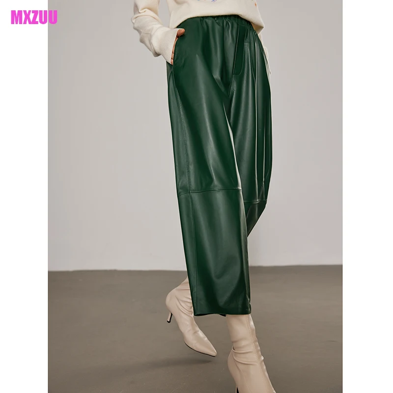 New Grandma Pants Leather Pantalones for Women Spring Elastic Waist Sheepskin Wide Leg Harem Pants Ankle Style Cropped Trousers