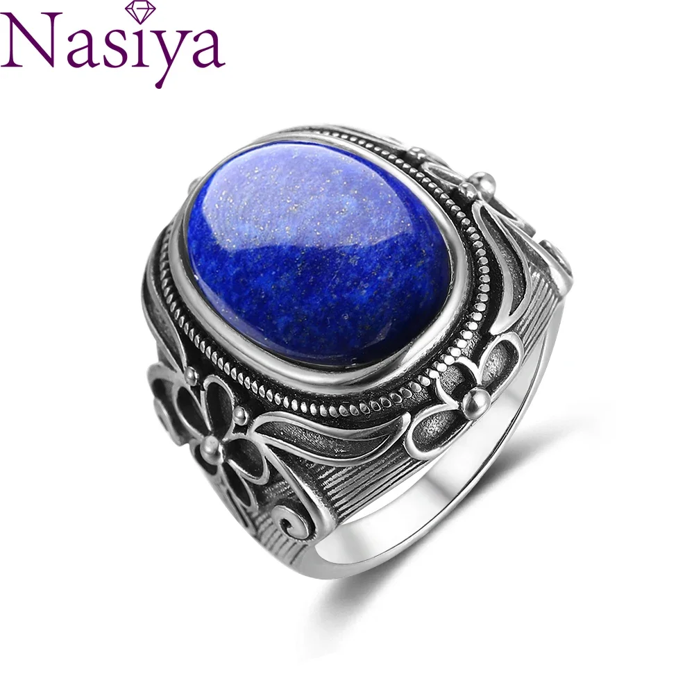 

Luxury Vintage S925 Silver Ring 11x17MM Big Oval Lapis Lazuli Rings For Women Fine Jewelry Party Anniversary