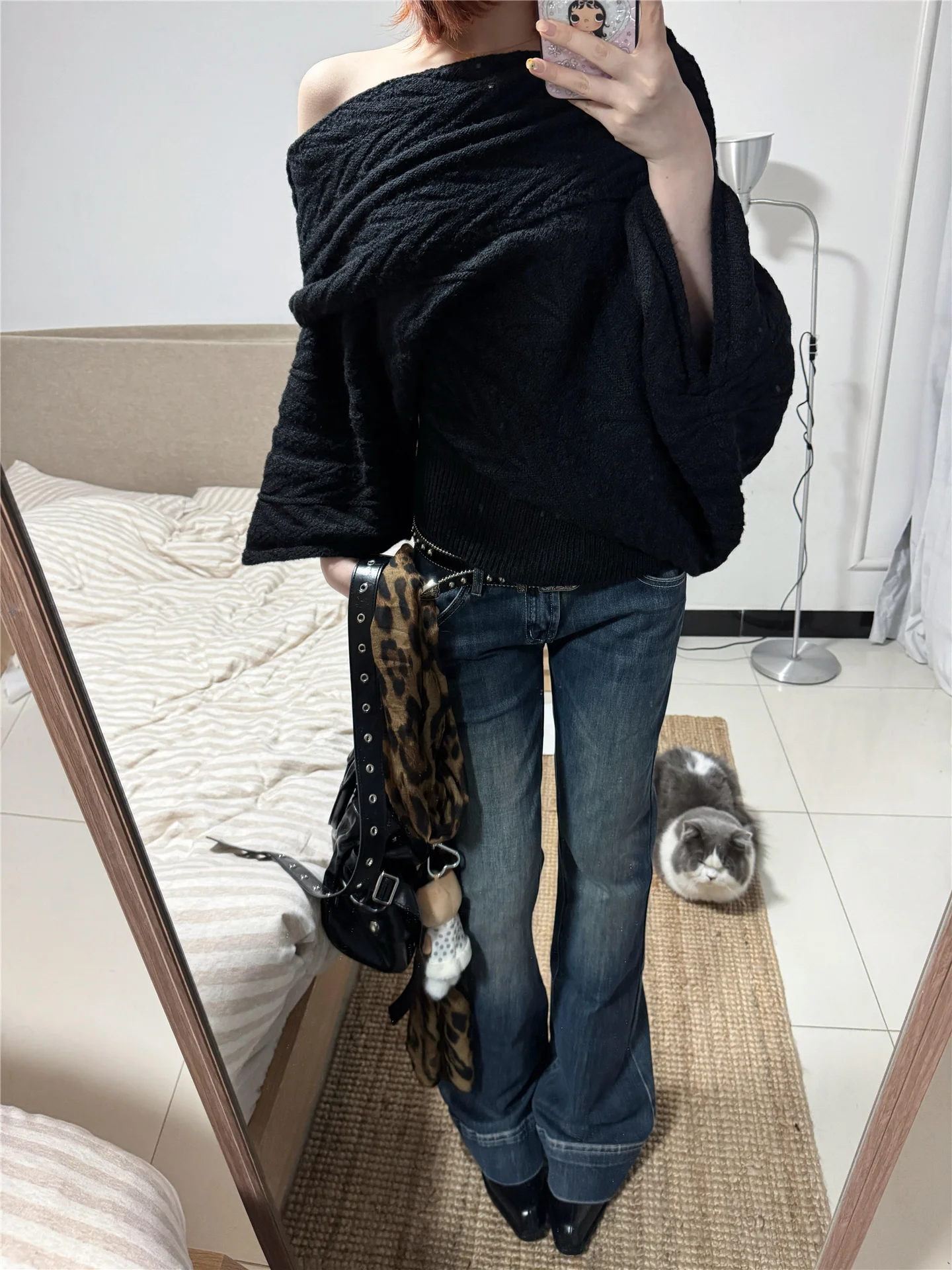 

Deep Blue Low Waist Bell Bottom Jeans Women's Slimming Casual Floor Length Trousers for Tall Ladies Spring Season Cotton