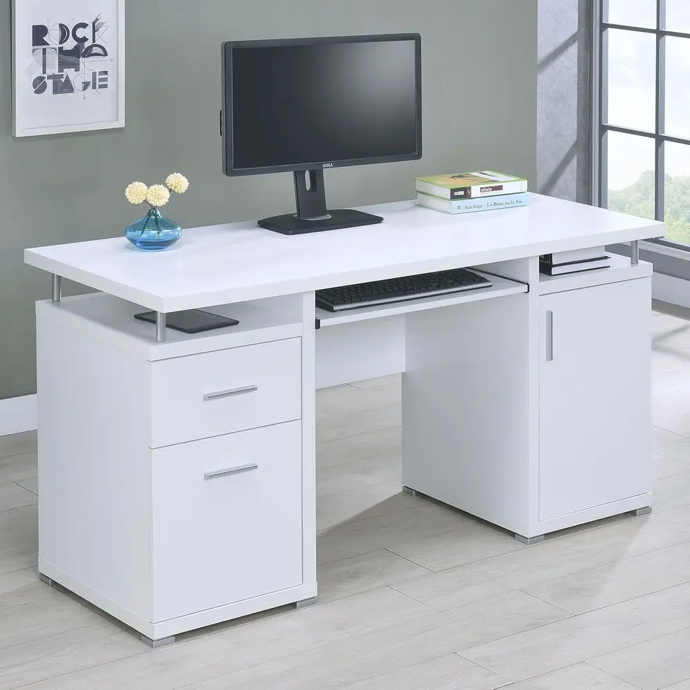 

White Computer Desk with 2 Ders & Cabinet 55" Large Home Oice Desk with Adjustable Keyboard Tray Sturdy MD and Solid Wood Writin