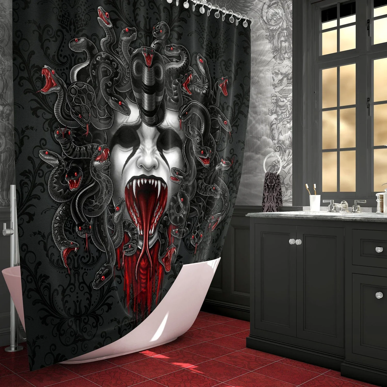 Cortina de ducha gótica, decoración de baño, arte de terror y Halloween, Medusa y cráneo gritando, cortinas de baño de serpientes blancas y negras