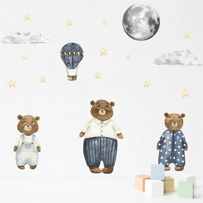 Cartoon Bear Family With Balloon Moon Star Wall Stickers For Kids Bedroom Decor Animal Mural Art Diy Home Decal Pvc Poster