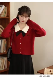 ALXNAN Polo Collar Bow Letter Embroidery Knitted Pullovers 2024 Autumn Winter Elegant Long Sleeve Knit Tops Knitwear LXN31750