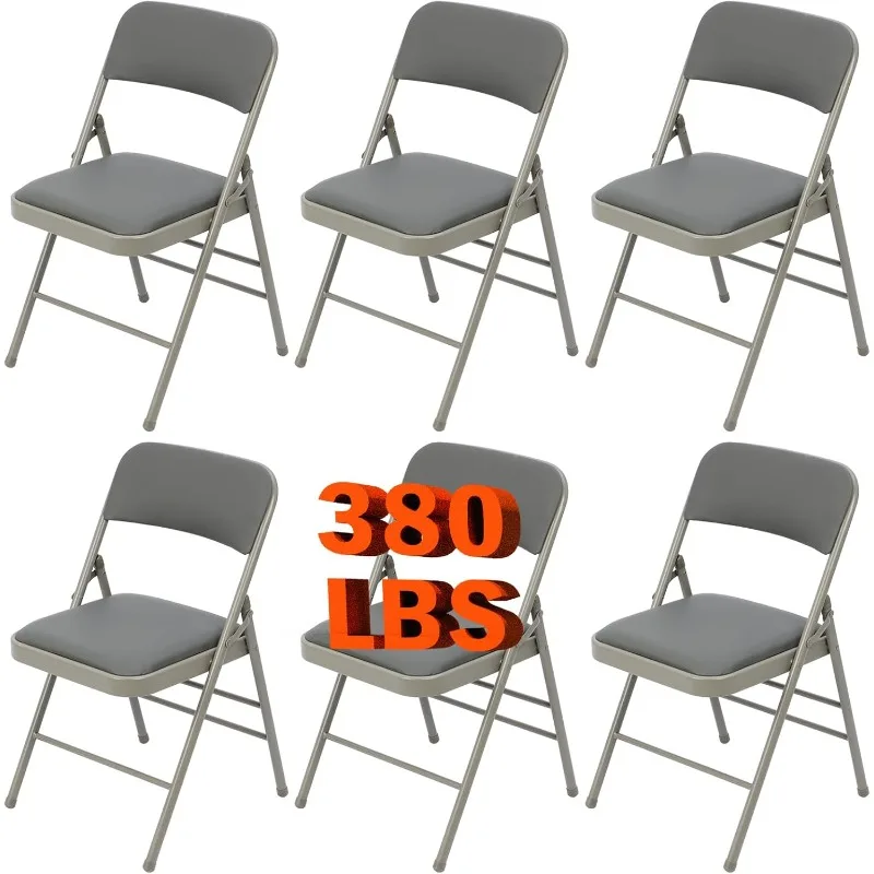 

6 Pack Grey Folding Chairs with 3cm Padded Cushion and Back, Metal Folding Chair with Pu Leather, Commercial Foldable Chairs for