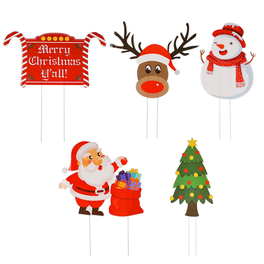 5Pcs Xmas Yard Decorations Christmas Lawn Stakes Bright Garden Yard Signs Santa Patterns Outdoor Holiday Decor
