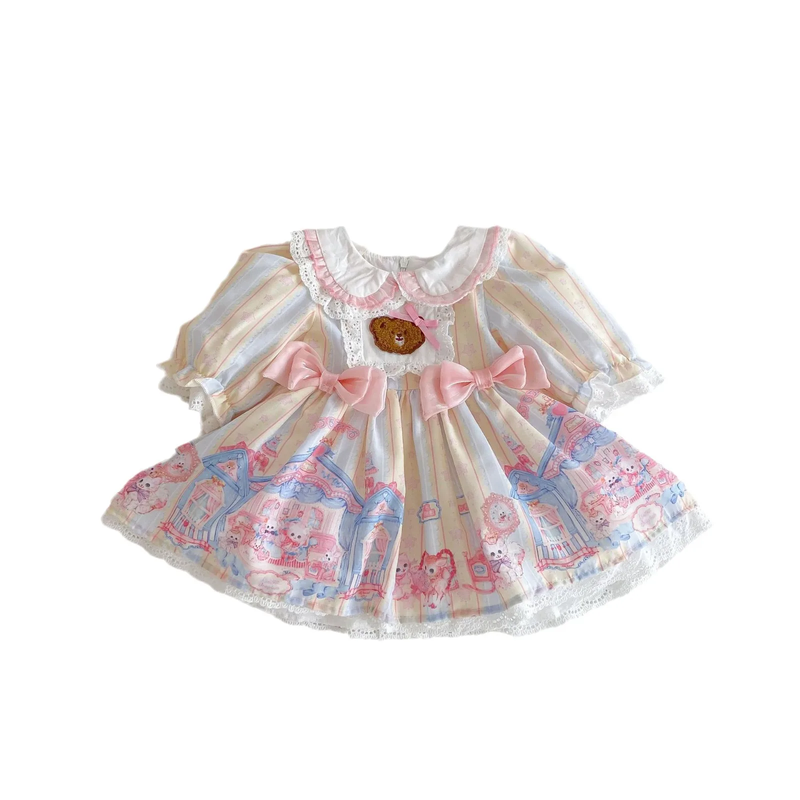 Girls Princess Lolita Dress Spring Autumn 0-6 Year Old Long Sleeve Baby Girls Dress Castle Knotbow Printed Kids Girls Dress