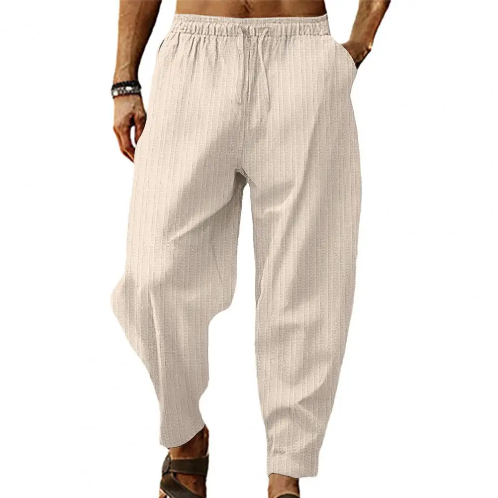 

Striped Texture Pants Comfortable Men's Wide Leg Striped Sweatpants with Elastic Waist Deep Crotch for Sports Leisure Activities