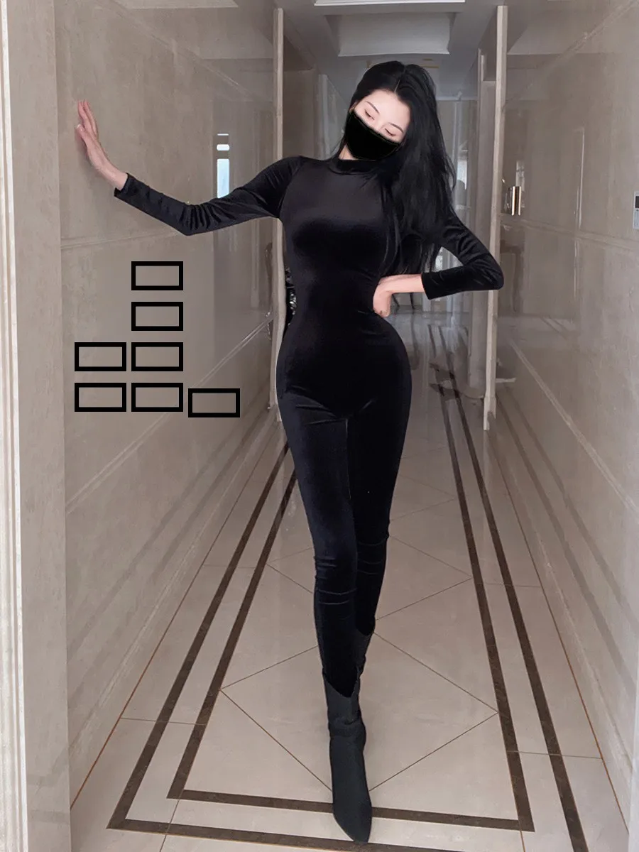 

New Pure Color Warm Velvet High Collar One-Piece Sexy Motorcycle Women's Wear Cool Long Sve Bla-Piece Pants Suit