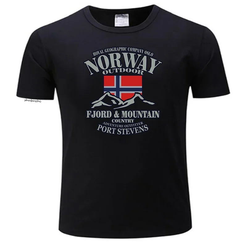 Schwarz Fun Souvenir Party Flash Print Cotton Slim Fit Crew Neck Printing Casual Tops Norway Flag Fjord Mountain T-Shirt