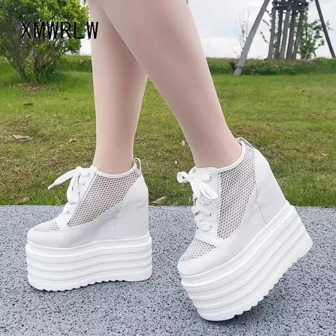 XMWRLW 통기성 메쉬 여성 플랫폼 신발 2025 여름 하이힐 15cm 여성 스니커즈 여성 화이트 블랙 신발 여름 운동화