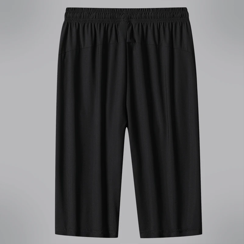Men's Ice Silk Capri Pants Summer Quick Dry 3/4 Cropped Shorts Elastic Drawstring Zipper Pocket Sports Joggers Loose Breathable