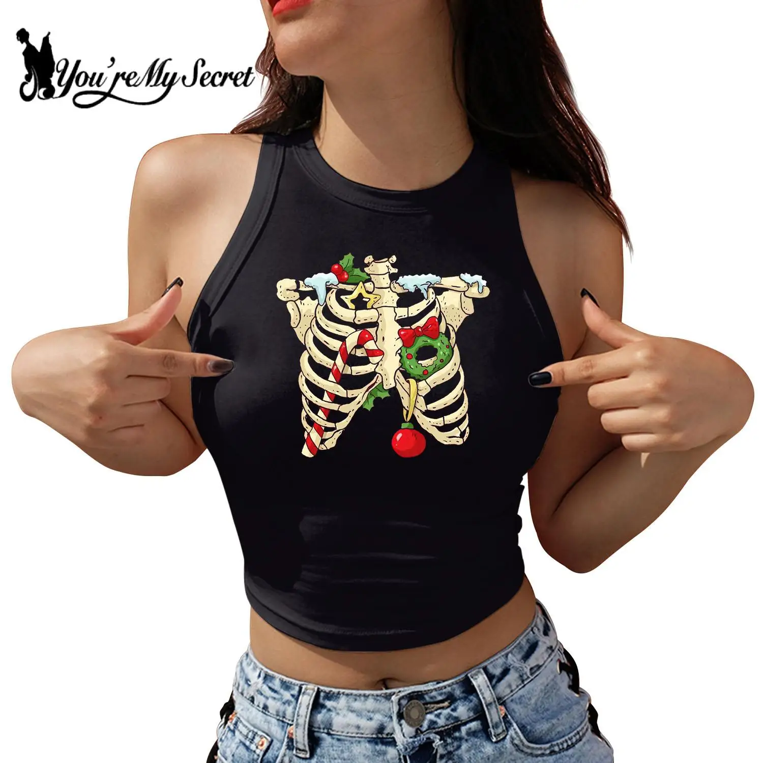 [You're My Secret] Summer Women Crop Top Shirt Goth Sleeveless Tank Streetwear Halloween Skull Print Vest Slim Tee Y2K Clothes