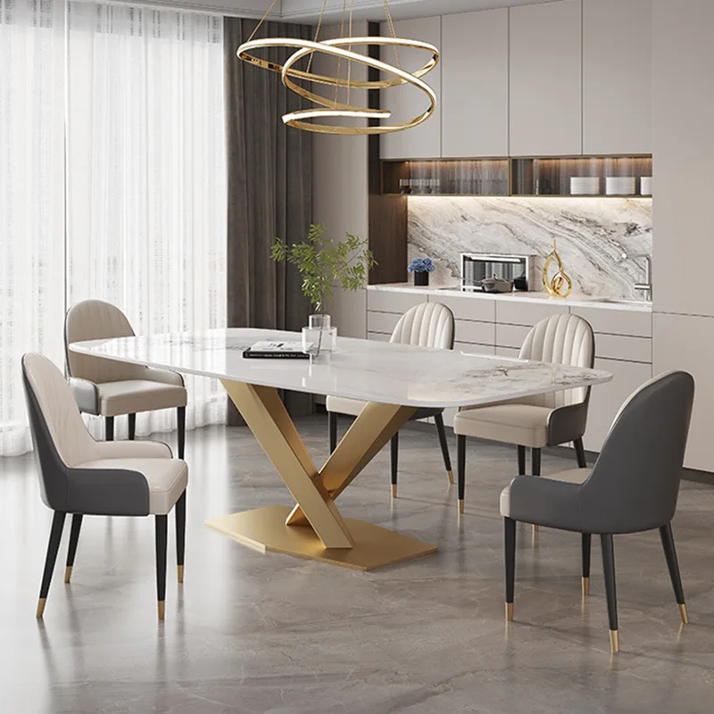 Rock slab dining table rectangular western dining table stainless steel Italian small apartment household dining table