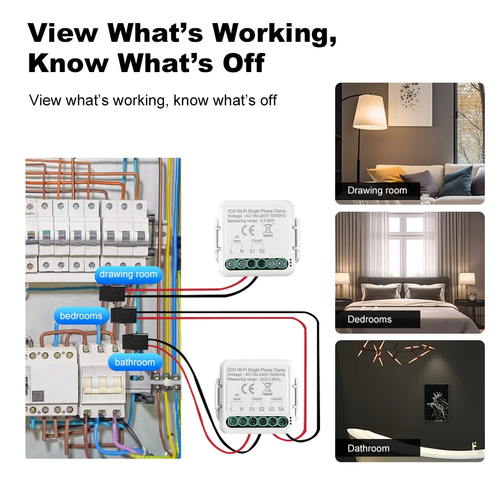 Tuya WiFi smart Energy Meter Bidirectional Two Way 1, 2 Channel with Current Sensor Clamp smart life Monitor Power 80A 110V/240V