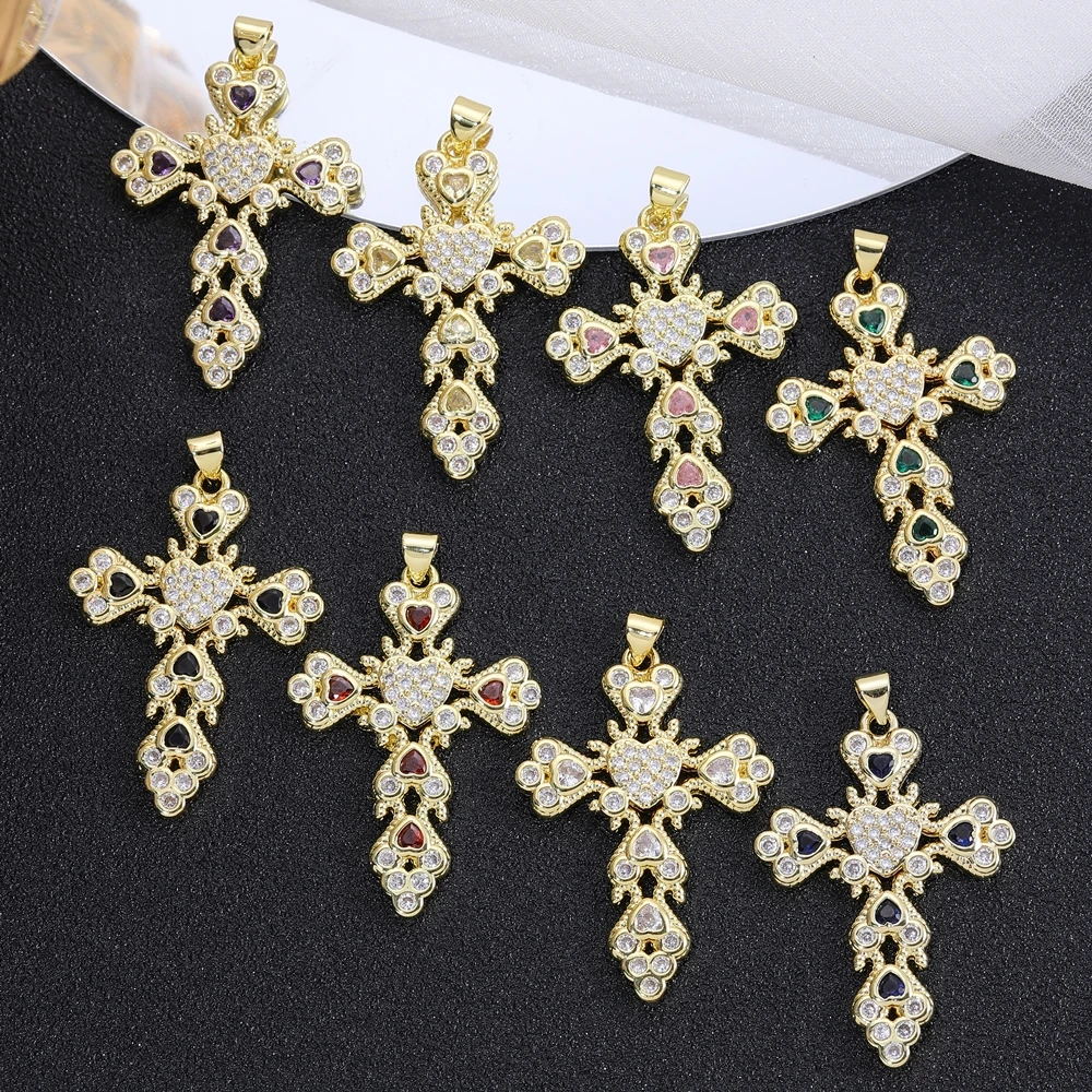 Juya ręcznie robione 18K pozłacane cyrkonia miłość serce krzyżyk chrześcijański Charms do robienia biżuterii z wisiorek religijny