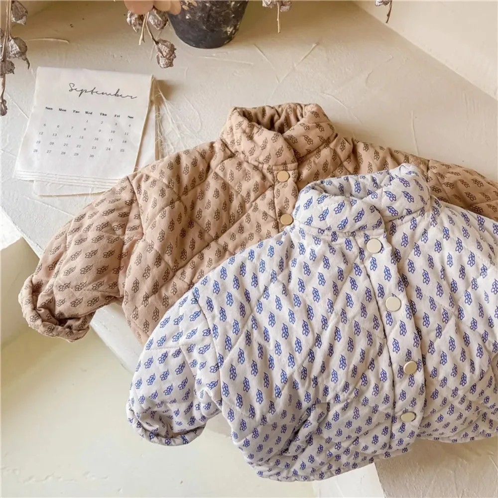Toddler Floral Quilted Jacket Kids Stand Collar Padded Coat  Button Down Warm Casual Baby Outerwear for Boys Girls Autumn Winter