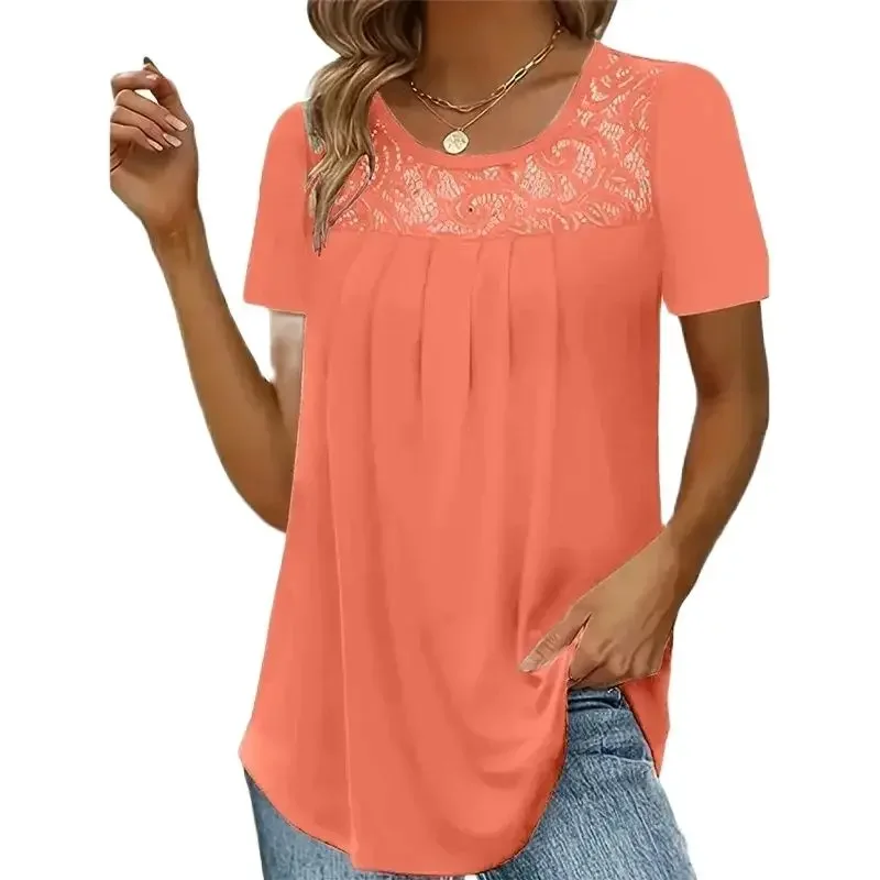 

Elegant Women Lace Splicing O Neck Tops Solid Color Casual Office Commuter T-Shirt Female 2024 Summer Short Sleeve Pleated Tees