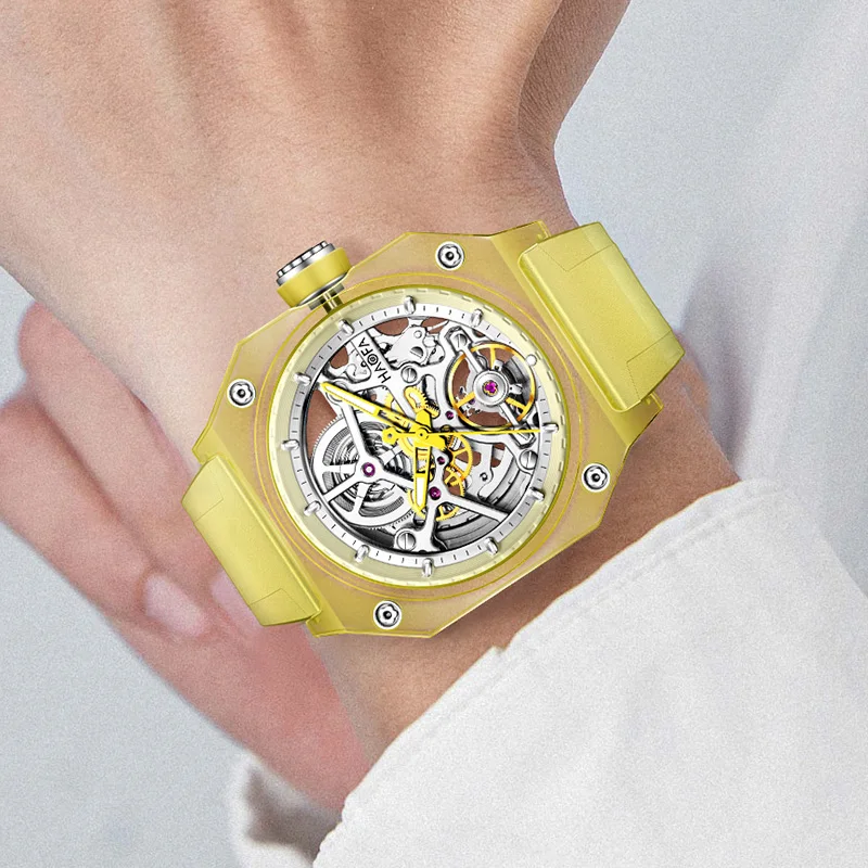 Haofa Crystal Transparent Automatic Watch for Men Luxury Hollowing Waterproof Luminous Mechanical Square Mens Watch Casual 2208