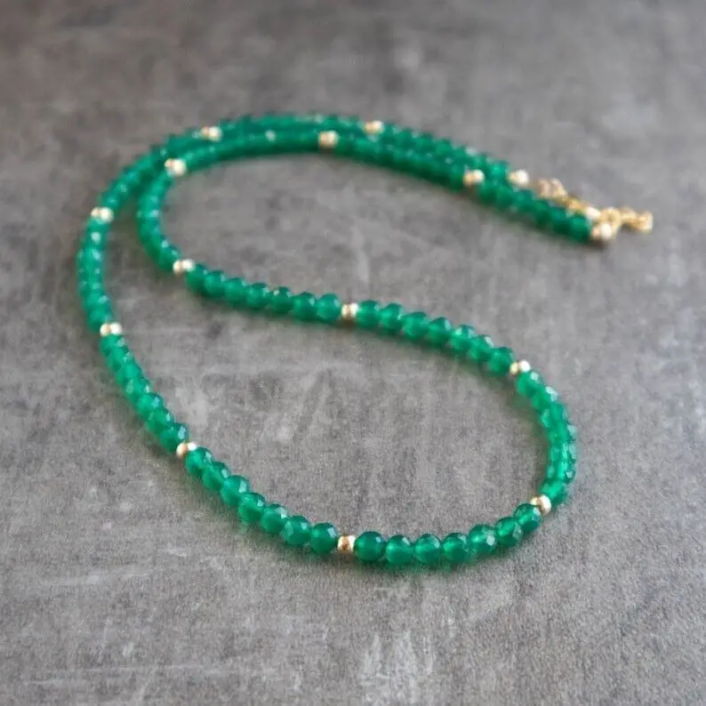 

A+ Green Onyx Faceted Round 2-3MM Gemstone Beads 18" Handmade Men Woman Necklace