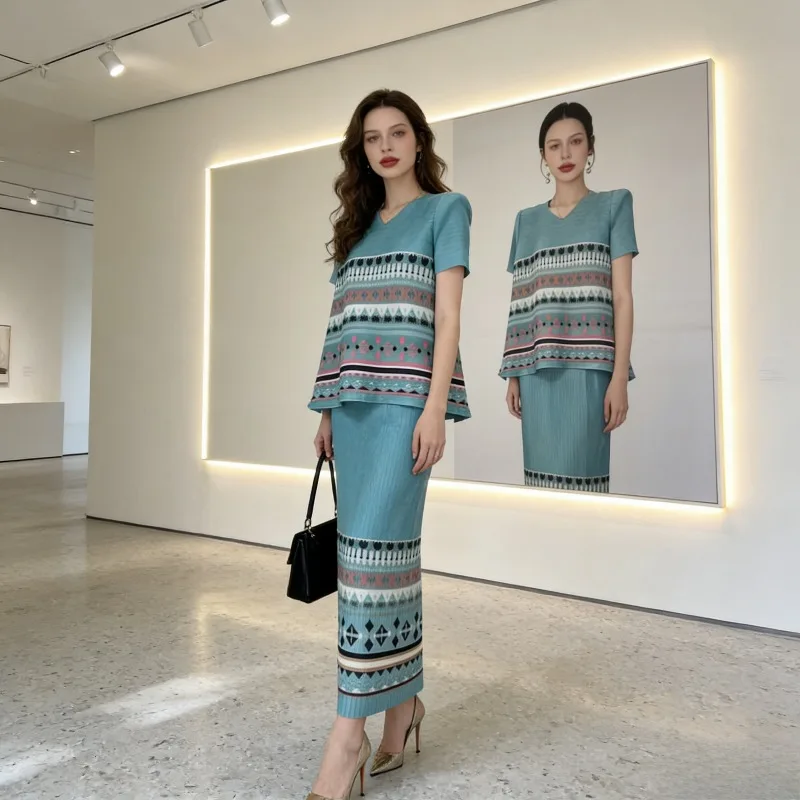 

Плиссированный ретро-костюм Miyake для женщин: летний комплект свободного кроя с принтованной юбкой и топом, плиссированный комплект из двух предметов