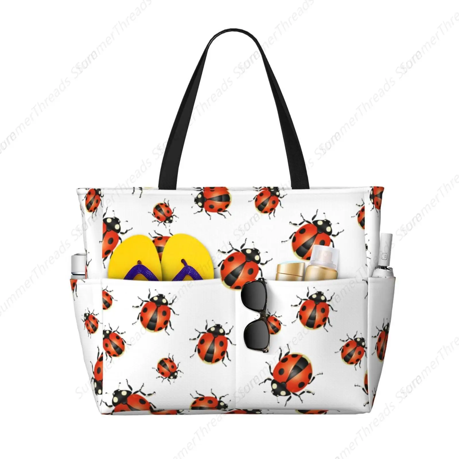 

Large Beach Bag Compatible with Ladybug Red Black Dots White, Beach Tote Bags Waterproof Sandproof, Swim Tote for Pool