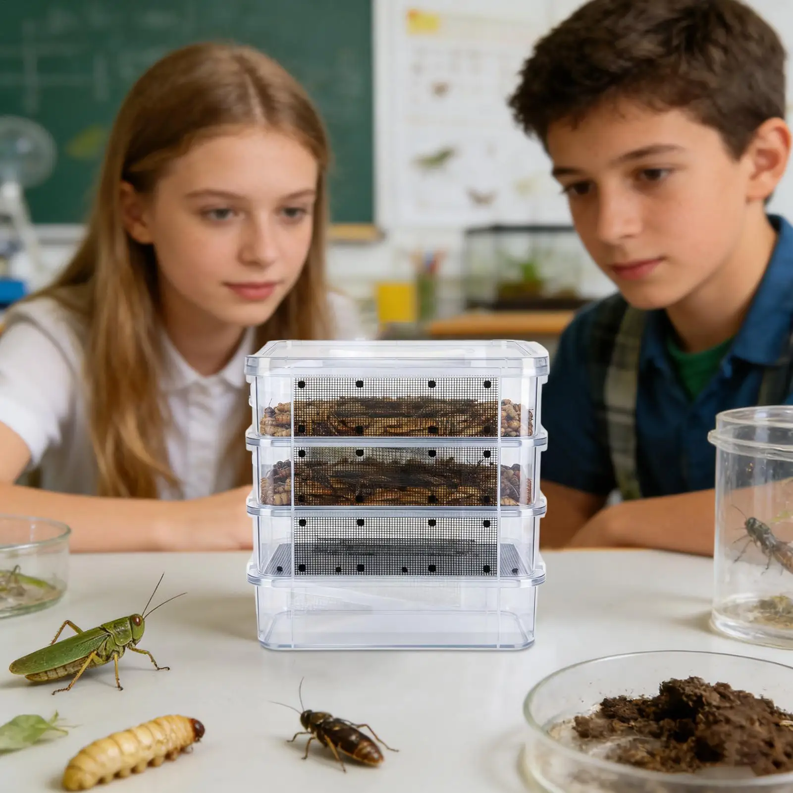 Mehlwurm-Zuchtset 4-Schichtiger Transparenter Netzbehälter Futterautomat Insekten-Hochleistungs-Separator-Werkzeugset Reptilien-Leckerli – Detail 4
