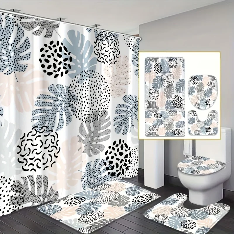

Набор из 4-х стильных декораций для ванной комнаты с рисунком листьев, занавески для душа, коврика для ванной, U-образный коврик, чехол на сиденье унитаза, можно стирать в машине.