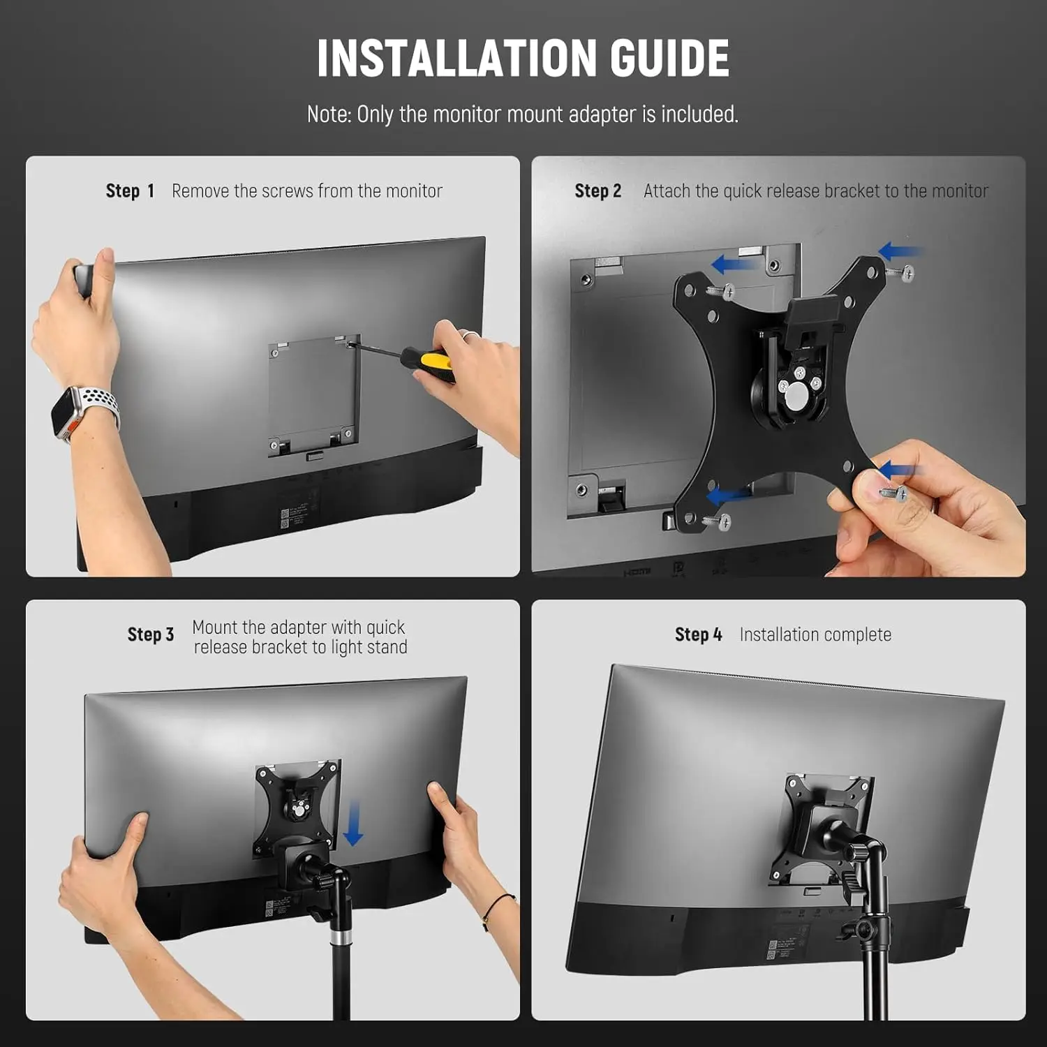 NEEWER Monitor-Mount-Adapter mit Schnellverschluss für VESA-Mount 270 ° Verstellbarer 5/8" C Standlichtständeradapter aus Metall MA010 ﻿ – Detail 6