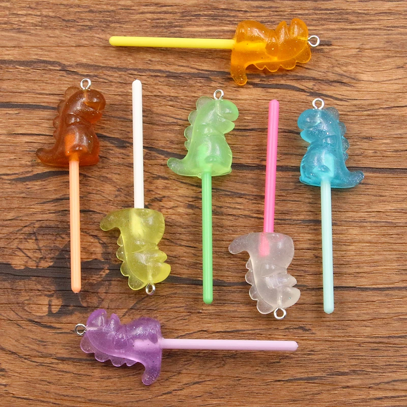 10Pcs 21*69MM 7 Color Noctilucent Animal Dinosaur Lollipop Resin Charms For Earring Kawaii 3D Keychain Jewelry Making