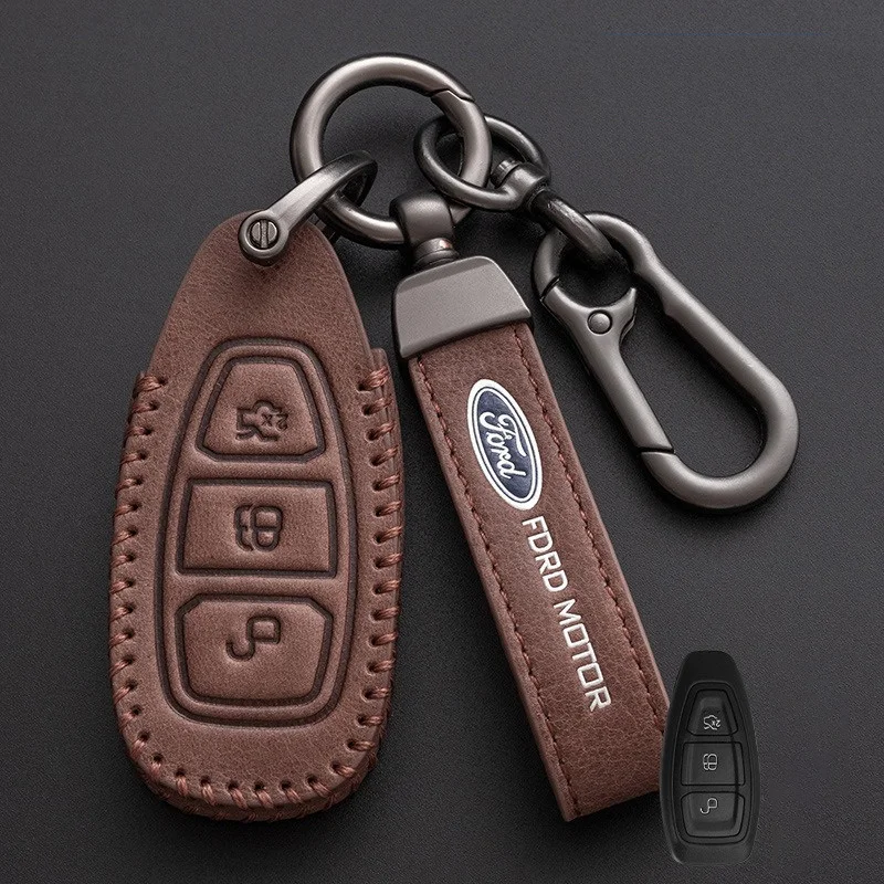 Leather Car Smart Key Case Cover Shell For Ford Focus 3 4 ST Mondeo MK3 MK4 Fiesta Fusion Kuga Ecosport Protect Fob Accessories