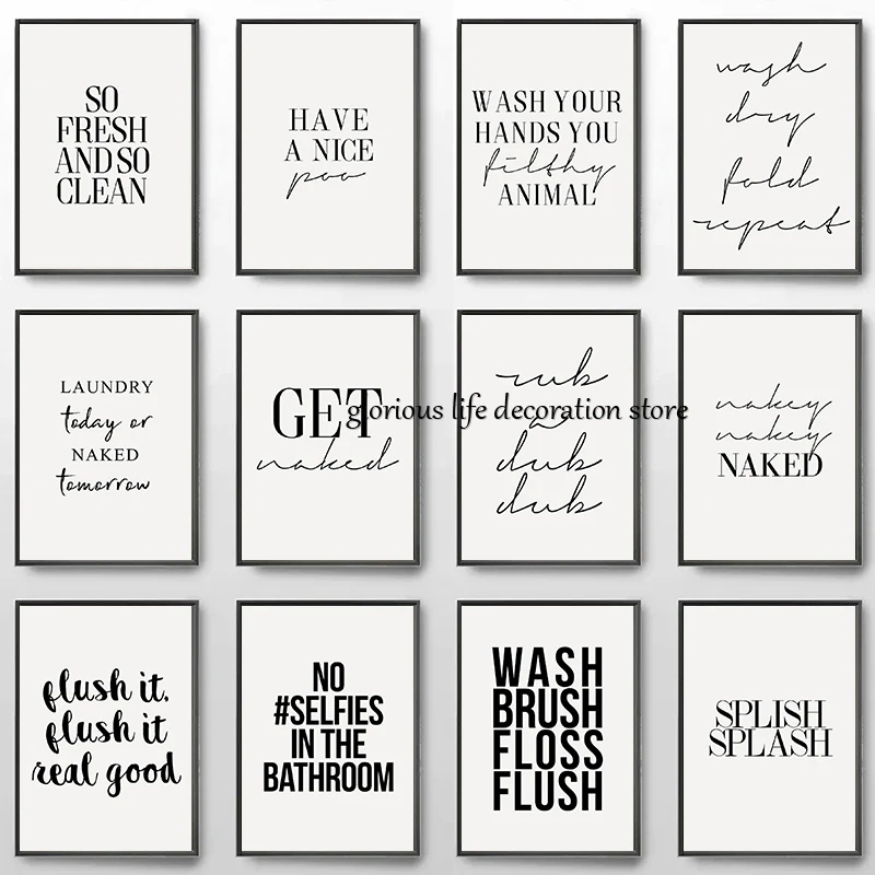 Black and White Modern Get Naked Hand Wash Bathroom Quote Wall Art Canvas Printing Posters for Laundry Bathroom Home Decor