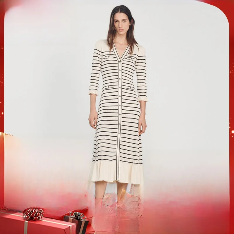 

MaSandeS Spring 2023 Women's Lazy Stripe Knitted Midi Dr Street Sle High Waist A-Line Skirt V-Ne Nine Sve Tea Break...