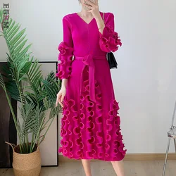 EGRM 2024 Spring New Solid Pleated Dress Ruffle Edge V-Neck Long Sleeved with Belt Dresses Elegant Women's Clothing 6RG72391