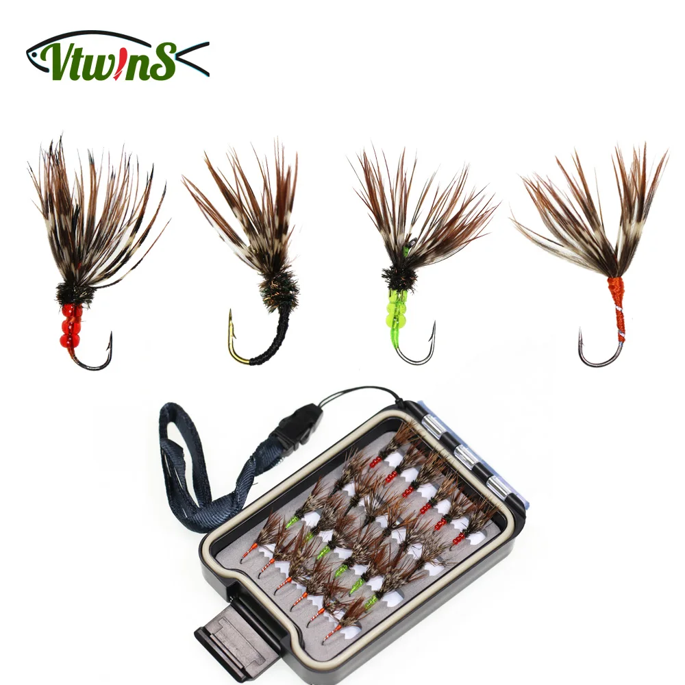 Vtwins  Fly Fishing Flies Set Tenkara Flies Kebari Trout Steelhead Fishing Dry Fly Floating Bait Lures With Waterproof Fly Box