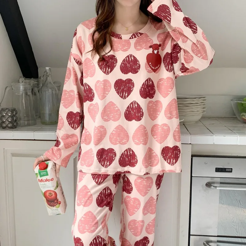 2024 New Pajamas Women's Spring Autumn Sweet Cute Long-Sleeved Home Wear Casual Suit Round Collar Loose Female Sleepwear Set