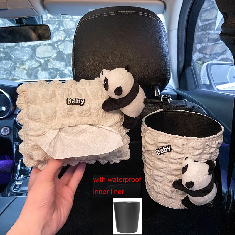 Niedlicher Cartoon-Panda-Auto-Mülleimer mit wasserdichtem Innenfutter für die Kopfstütze des Rücksitzes, Mini-Auto-Lüftungsschlitz-Aufbewahrung, Müllbeutel