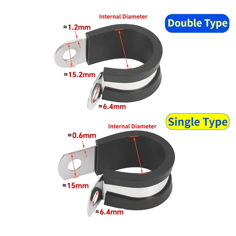 Rubber Lined R Clips 6-200mm 304 Stainless Steel Bracket Clamp Pipe Wall Mounting Fix Fasteners for Wires Cable Clamp Clip