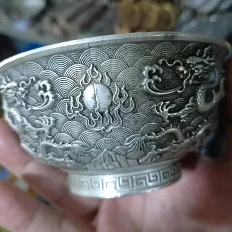 Antique Qing Dynasty Embossed Boy Meets Girl Bowl Copper Bowl Retro Home Decoration Antiqu