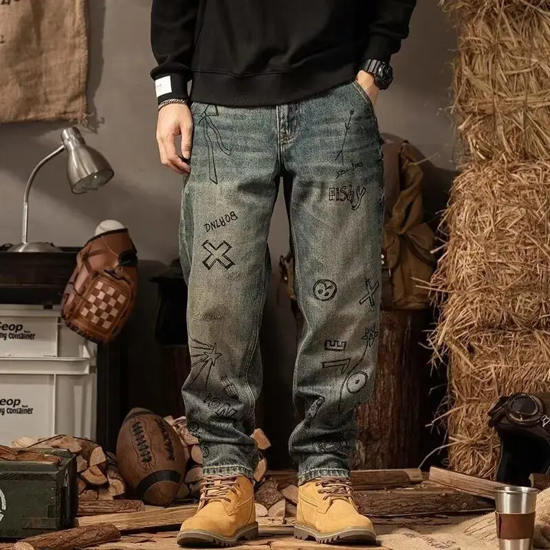 

New 2025 Korean Popular Clothes Loose Straight Denim Graffiti Streetwear Vintage Casual Pants Men Spring Autumn Baggy Jeans