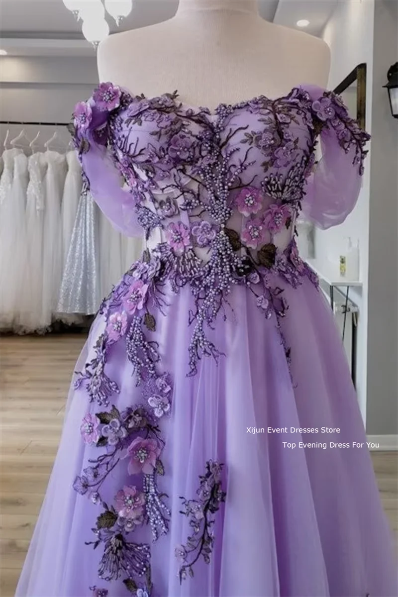 Xijun Tulle Pink Purple Evening Dress Cap Sleeves Prom Dress Sequined 3D Flower Wedding Party Dress 2023 Prom Gown A-Line Women