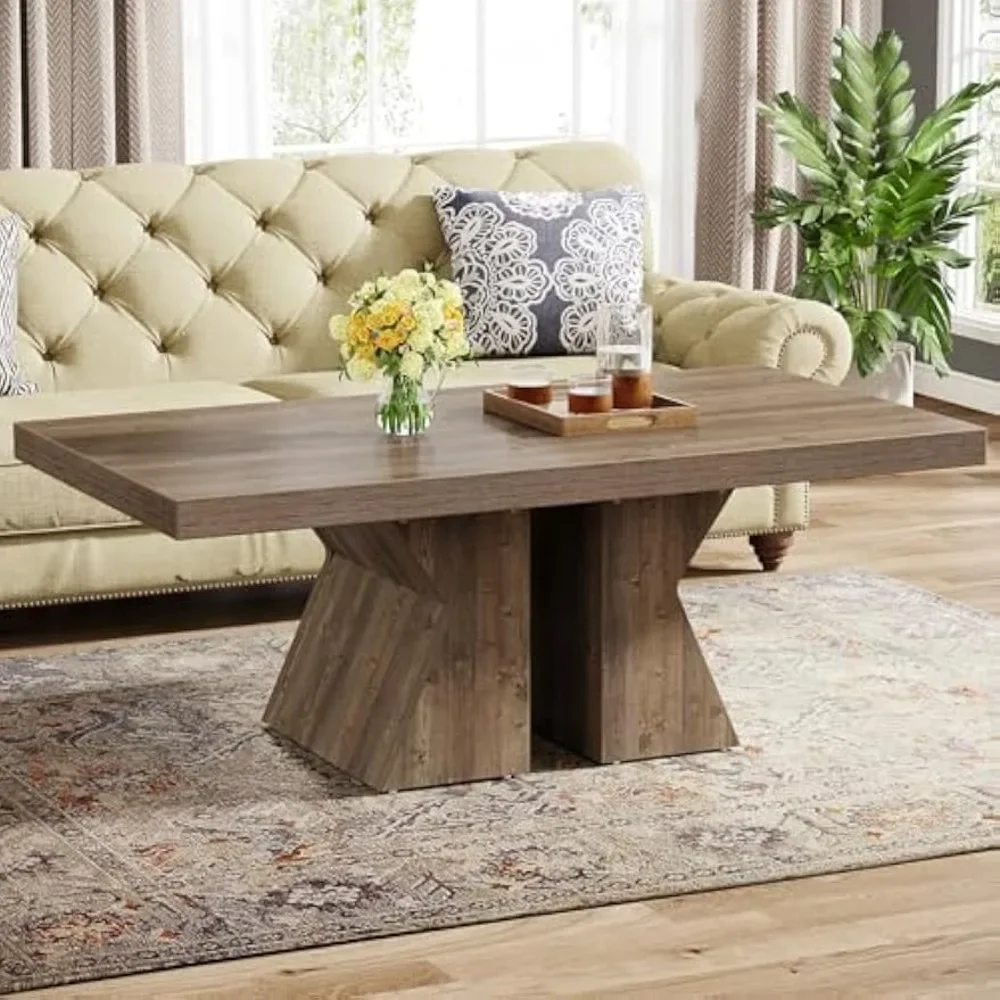 Wood Coffee Table, 47-Inch Rectangular Center Tables with Thick Wooden Base, Farmhouse Wood-Look Cocktail Table for Living Room