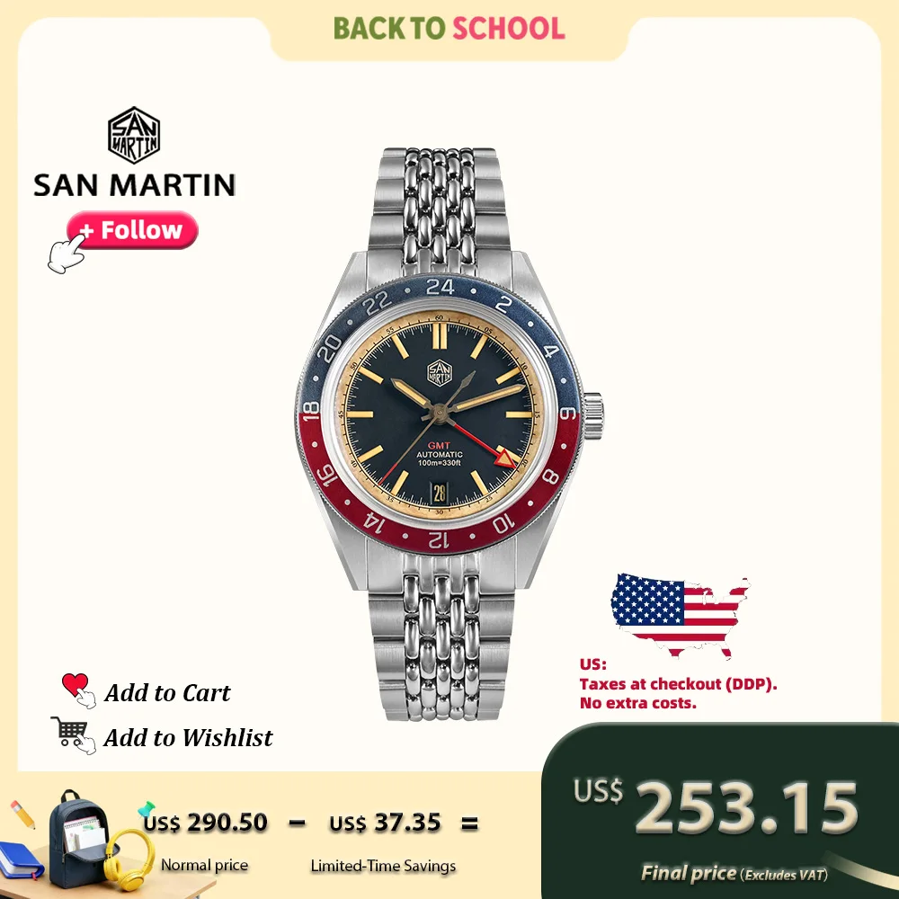 

Часы San Martin с потертым дизайном, 39,5 мм, винтажные мужские часы GMT NH34, автоматический механизм со стальным рисовым браслетом, reloj hombre SN0116
