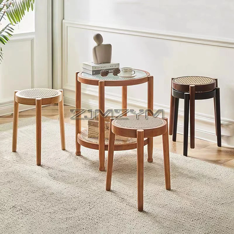 Solid Wood Round Seat Kitchen Top Wood Stool, 45cm Height, Rattan Weaving Surface, Stackable Small Round Stool for Living Room