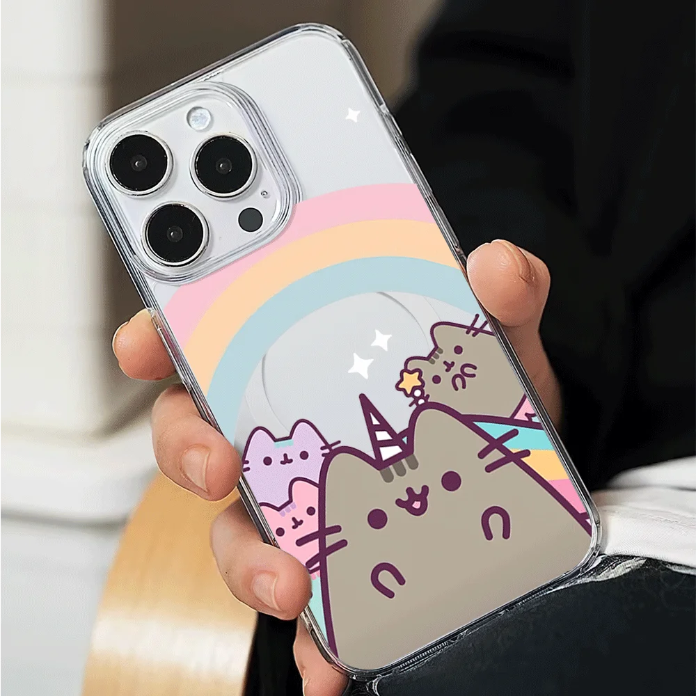 Kawaii Pusheens Phone Case for iPhone 12 11 13 14 15 16 Max Pro Plus Magsafe Magnetic Wireless Cover