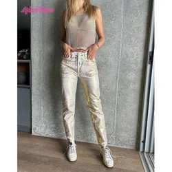 Pantalones vaqueros de lápiz para mujer, ropa de calle informal, color dorado y plateado, Estilo Vintage, elegante