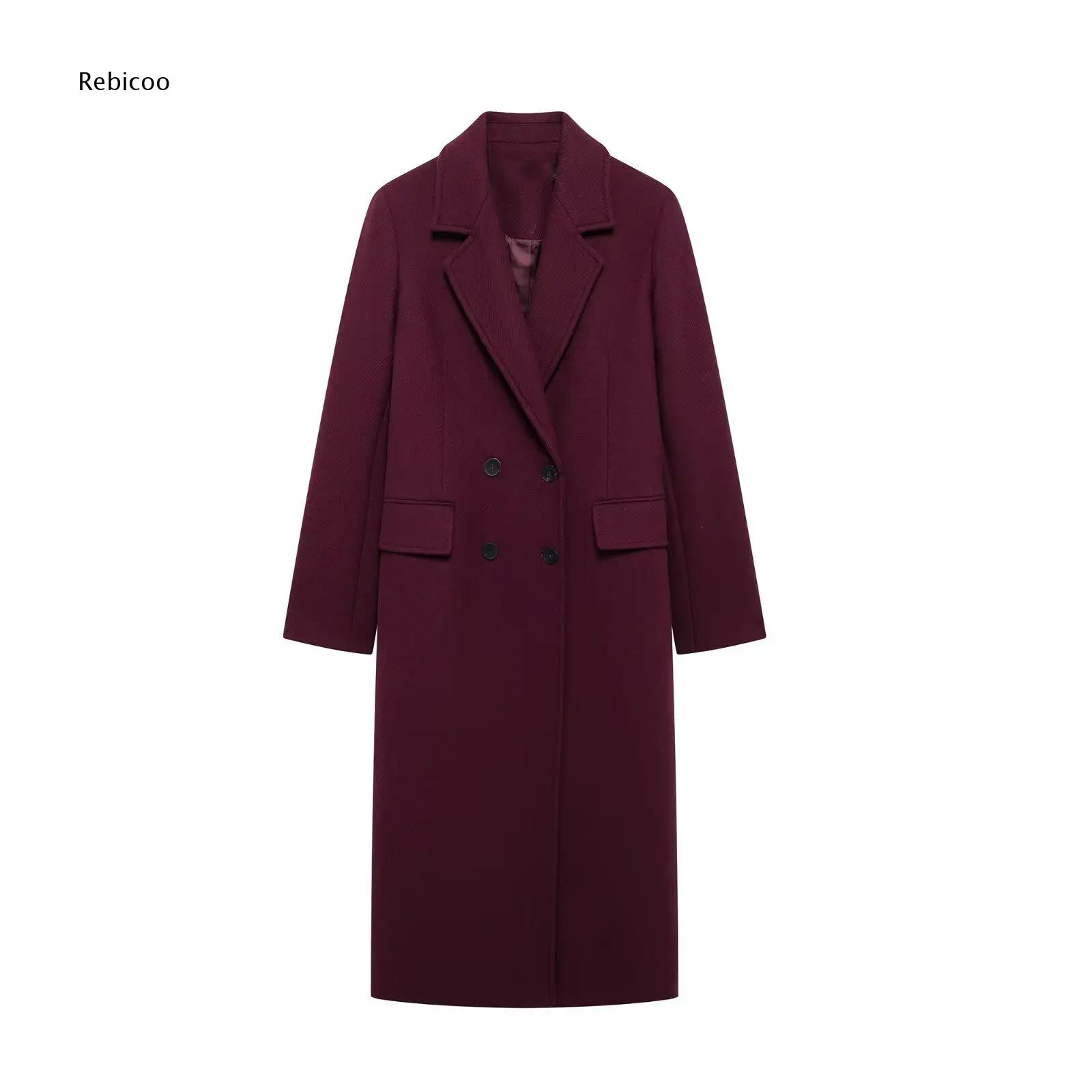 Notched Lapel Long Overcoat For Women Double Breasted Closure Pocket Design Full Length Coat For Outdoor And City Styling